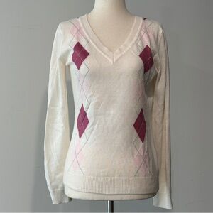 Lightweight V-Neck Argyle Sweater Mauve and Light Pink New York Company XS